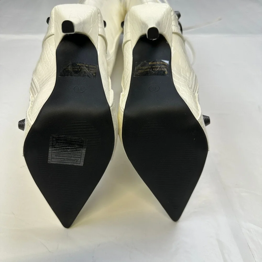 Fashion Nova Knee High Boots Croc Embossed White Stiletto Size 6 - Picture 10 of 13